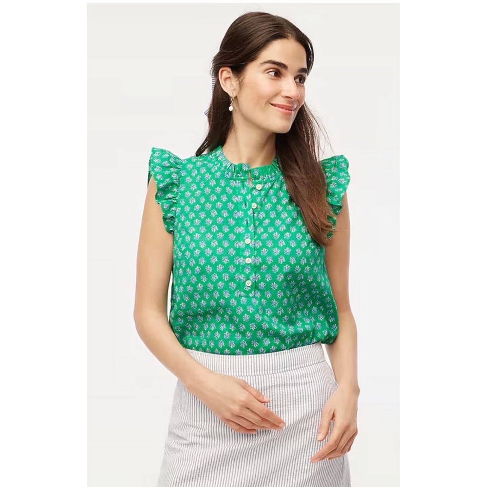 J Crew Womens Ruffle Blouse XXL Green Block Print Sleeveless Cotton Feminine